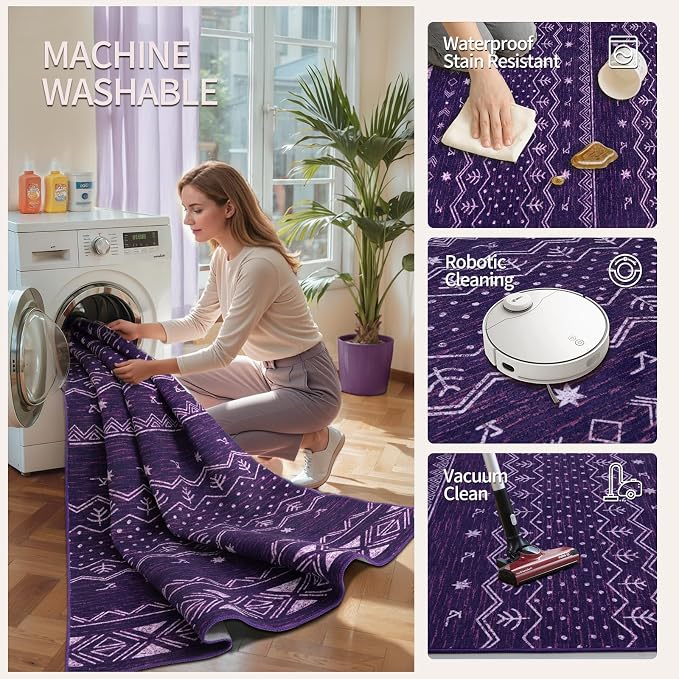 SERISSA 6x9 Area Rugs for Living Room, Washable Non-Slip Purple and White Boho