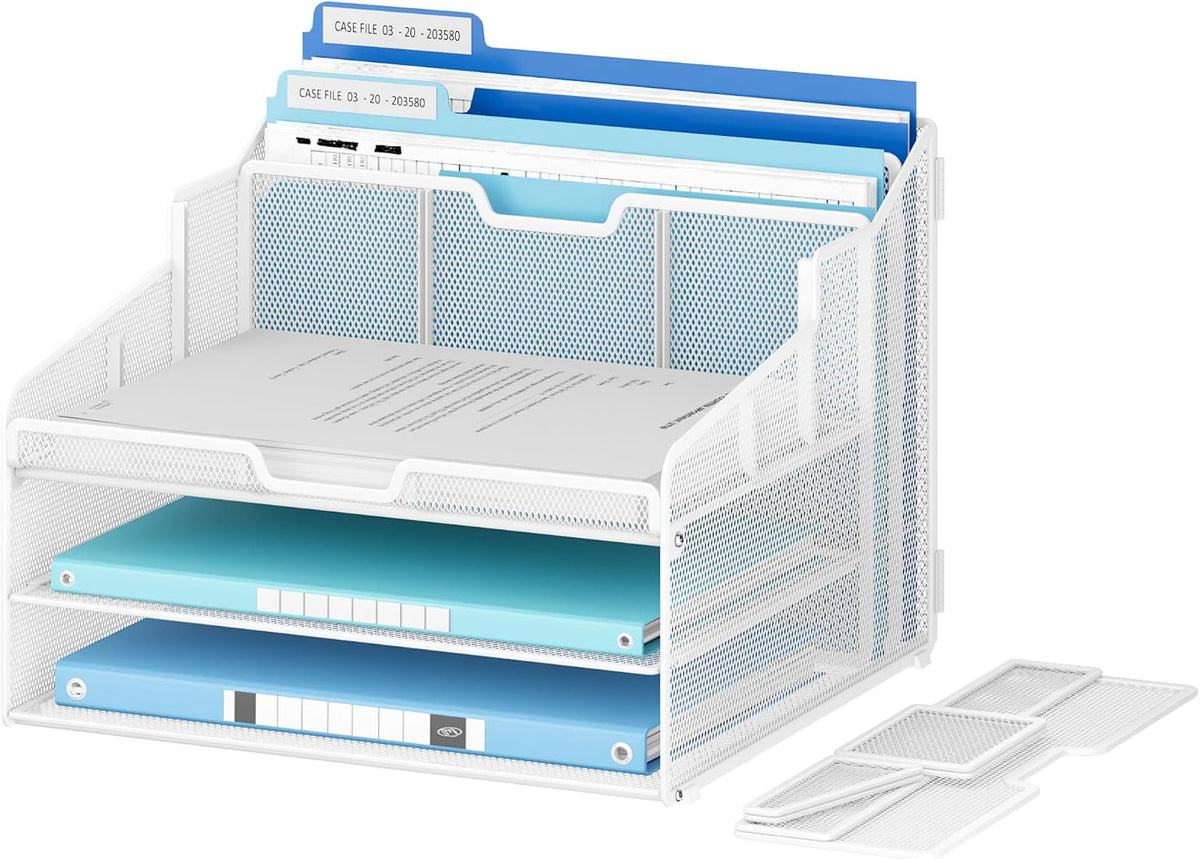 Lavatino Desk Paper File Organizer - Metal Mesh with 2 Letter Trays, 7 Flexible Dividers, 2 Vertical File Folder Holders for Office/Home/Classroom Supplies, Desk Organizers and Accessories, White