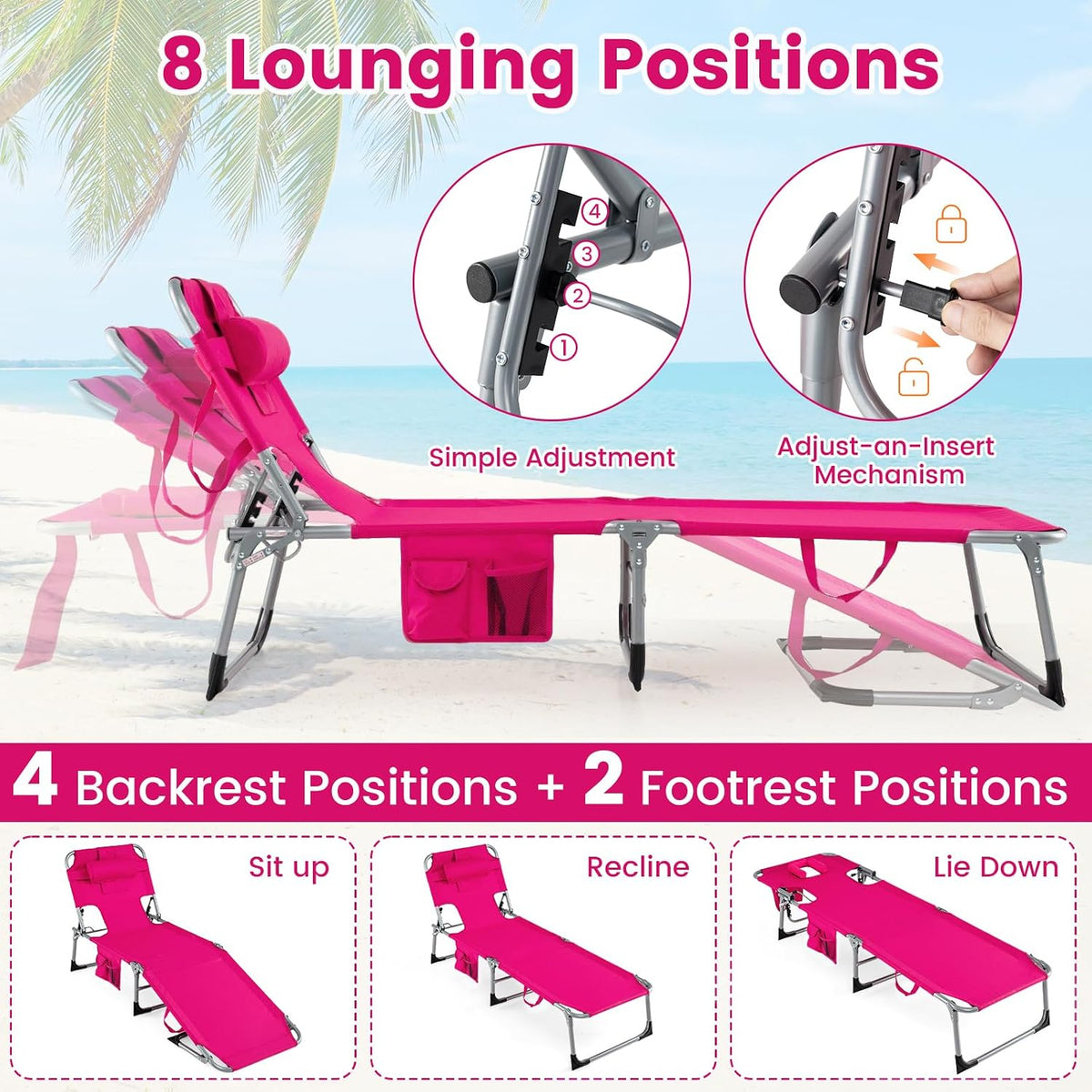 Goplus Tanning Chair, Folding Adjustable Patio Lounge Chair with Face Hole, Removable Pillow, 330LBS, Carry Strap, Outdoor Sunbathing Chair, Lightweight Portable Beach Lounge Chair, No Assembly
