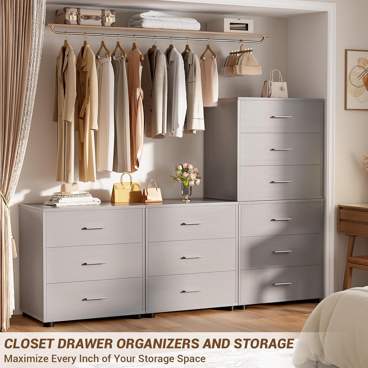 Aheaplus Closet Drawers Set of 2, Wood Closet Organizers and Storage, Grey