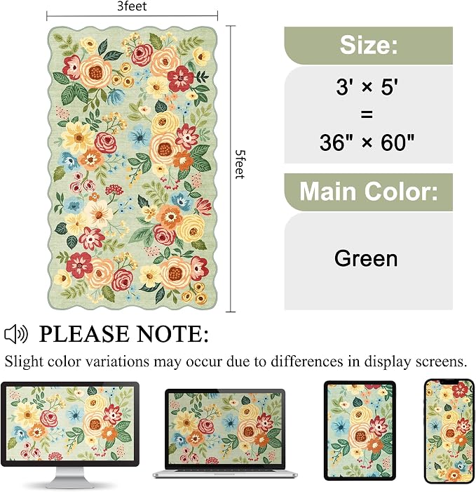 DUKINO 3x5 Area Rug, Floral Non-Slip Indoor Washable Rug