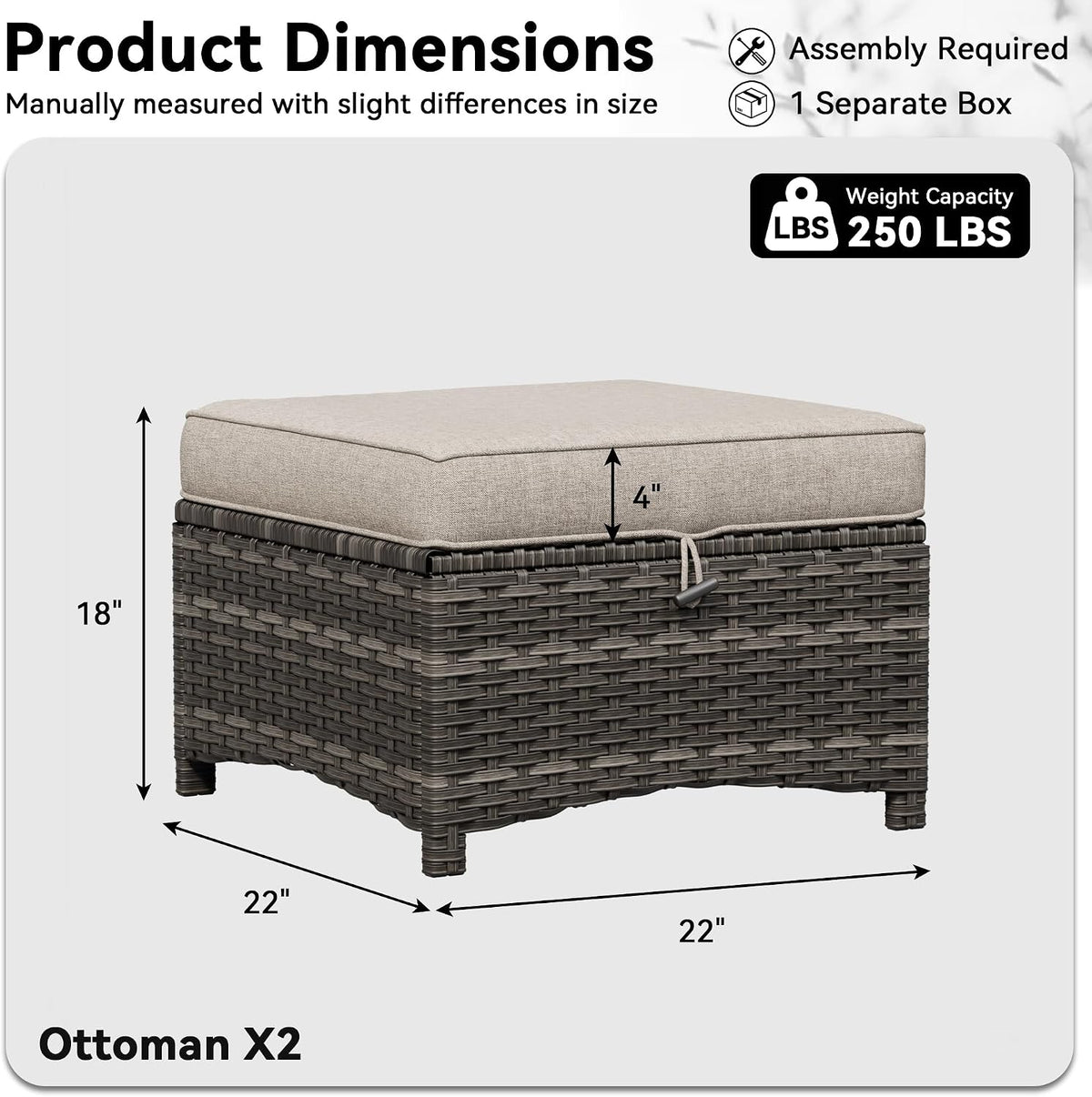 Patio Ottomans Set of 2, 22"x 22"x 18" Outdoor Wicker Footstool with Cushion, Beige, for Garden, Backyard, Deck, Porch, Balcony, Poolside