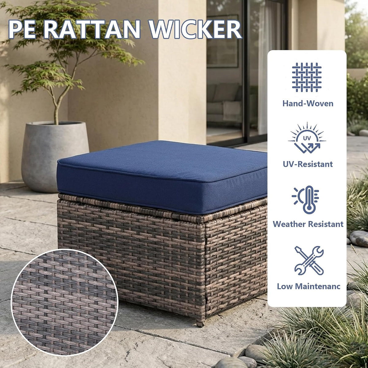 2 Piece Patio Sofa Ottomans with 4.3" Thick Cushions, Wicker Outdoor Couch Extension Set, All-Weather Rattan Seating Accessory for Backyard Furniture,（Blue）