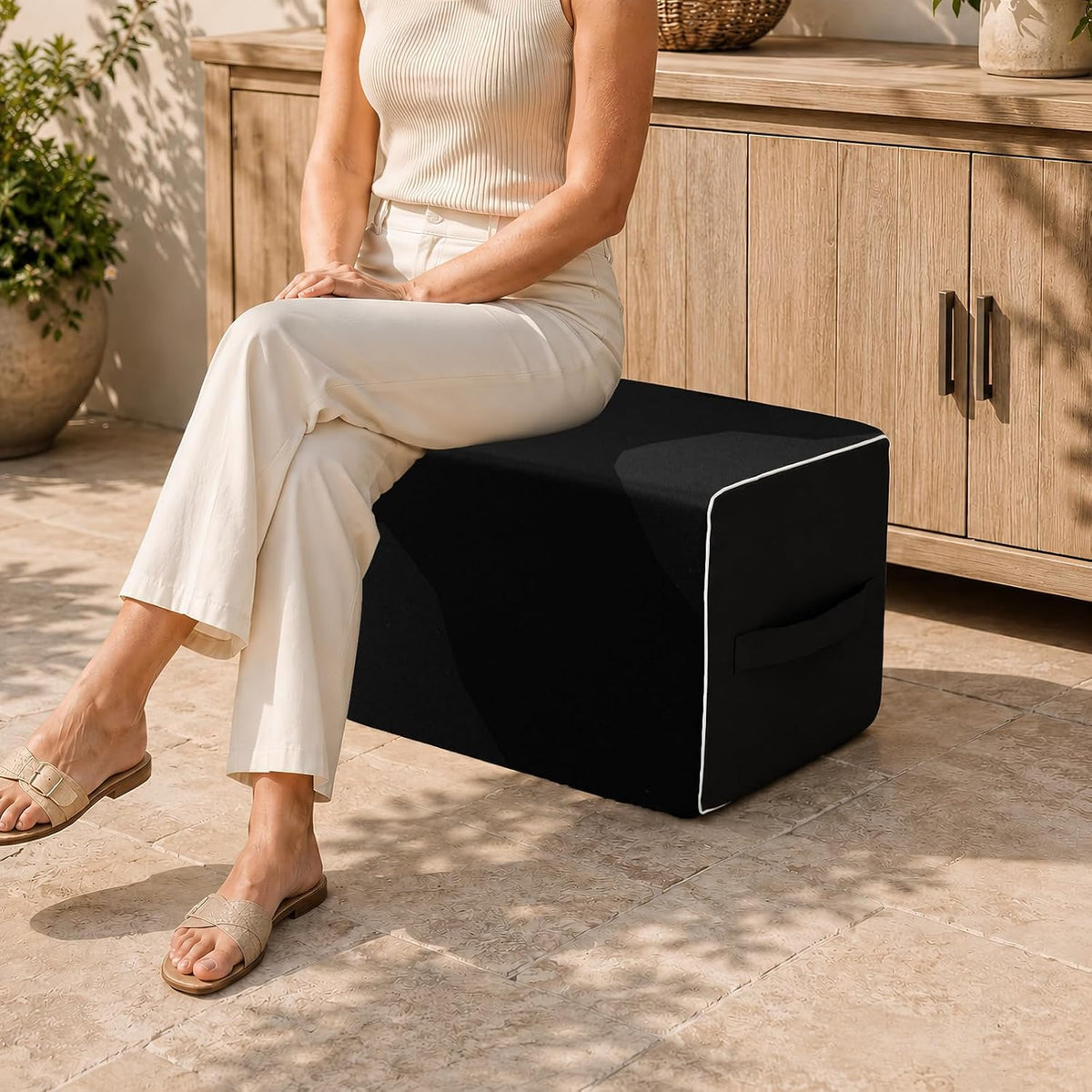 Patio Outdoor Ottoman & Footrest Pouf – All-in-One Foam-Filled Design, Weather-Resistant Zippered Removable Cover, Rectangular Shape (22" x 16" x 14") (Black)