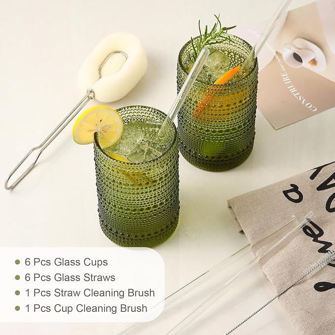 ZMOWIPDL Drinking Glasses Set of 6, 15 oz Green Hobnail Glass Cups | Vintage