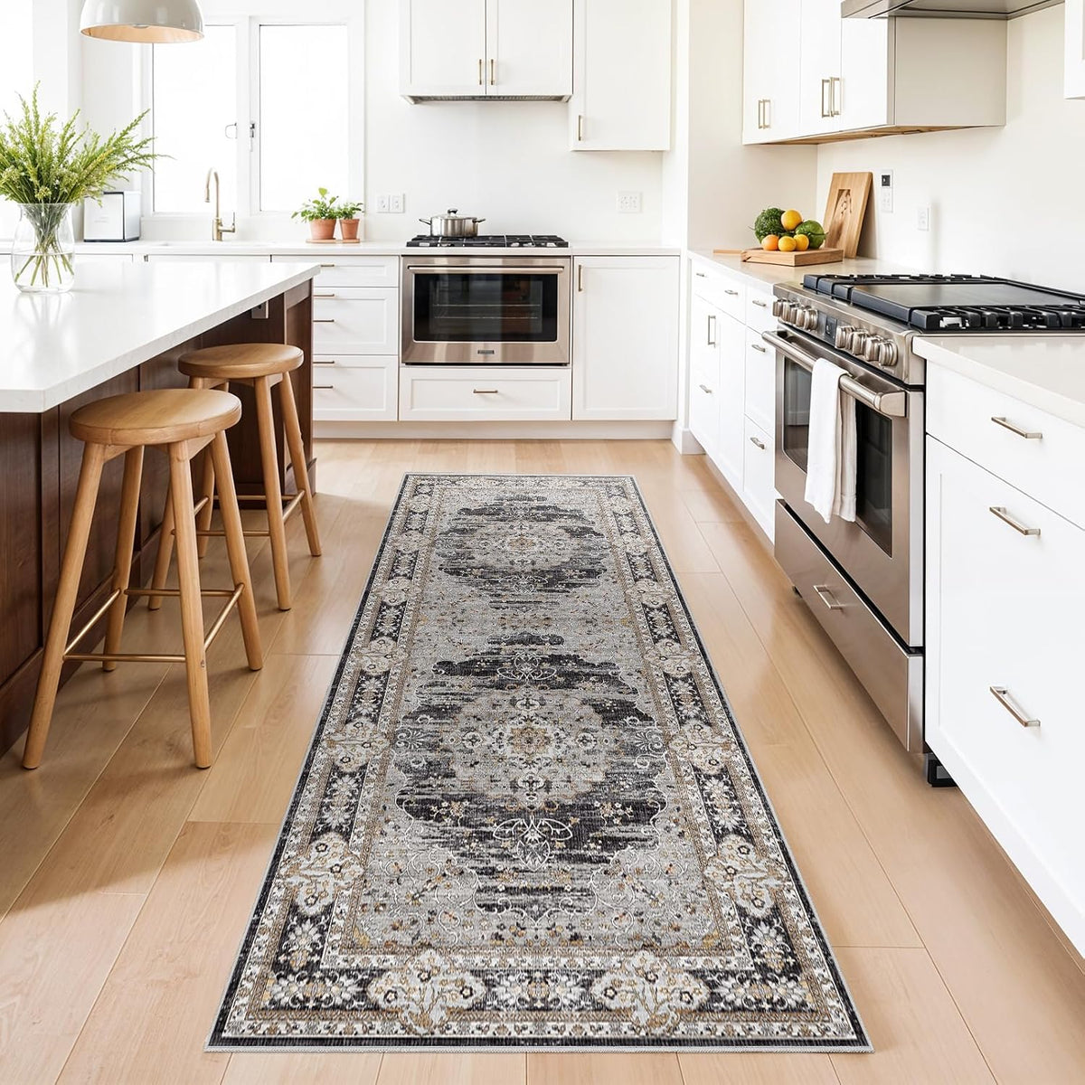 3x8 Washable Hallway Runner Rug - Non-Slip Vintage Kitchen Rugs Black Gray