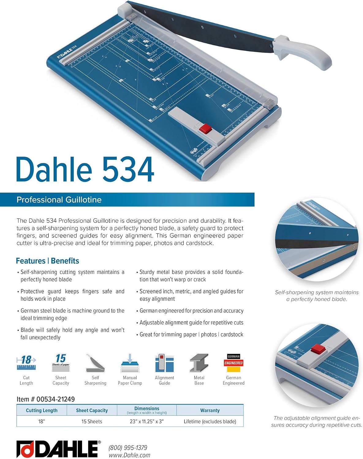 Dahle 534 Professional Guillotine Trimmer, 18" Cut Length, 15 Sheet Capacity, Self-Sharpening, Manual Clamp, German Engineered Paper Cutter