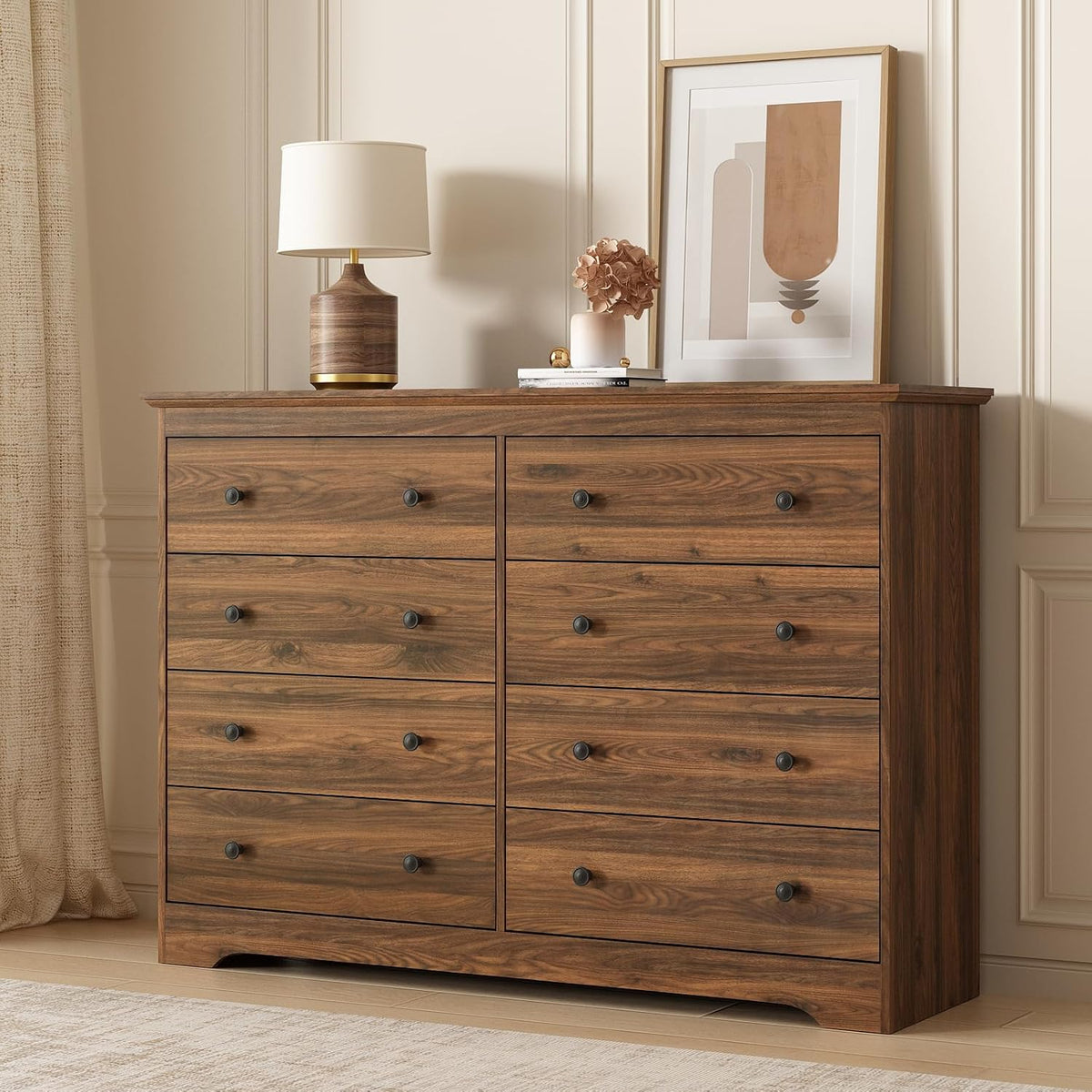 LYNSOM Modern 8 Drawer Dresser, 51.2" Wide Dressers & Chests of Drawers with Large Capacity Storage, Wood Mid Century Storage Dressers Organizer for Bedroom, Brown