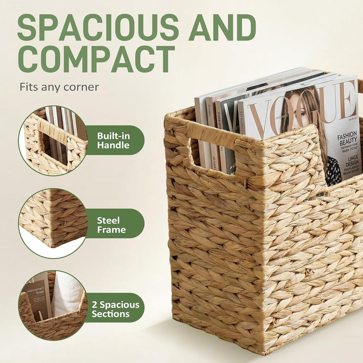 Wicker Magazine Basket with Handle, 2 Compartments