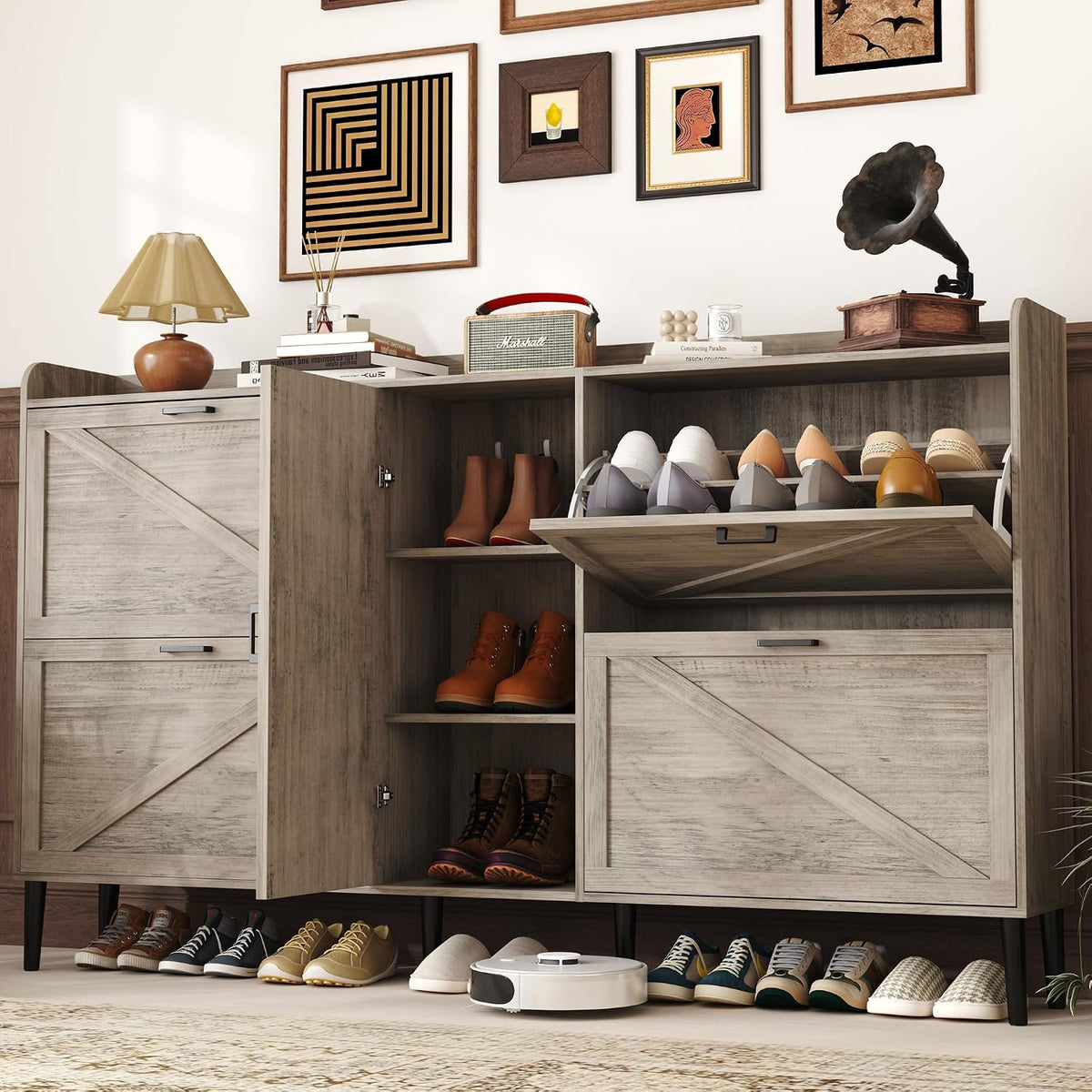 HOMEFORT Large Shoe Cabinet with 4 Flip Drawers, Farmhouse Narrow Shoe Organizer Cabinet for Entryway, Hidden Shoe Rack with Adjustable Side Cabinet for Boot Storage,6 Wood Legs, Washed Gray