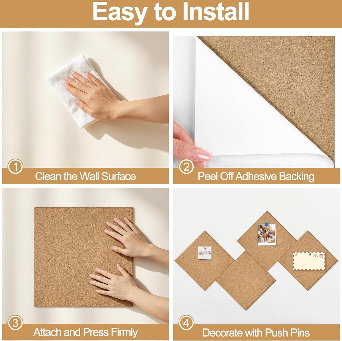 12"x12" Cork Board Tiles, 8 Pack Adhesive Square Bulletin Boards for Walls