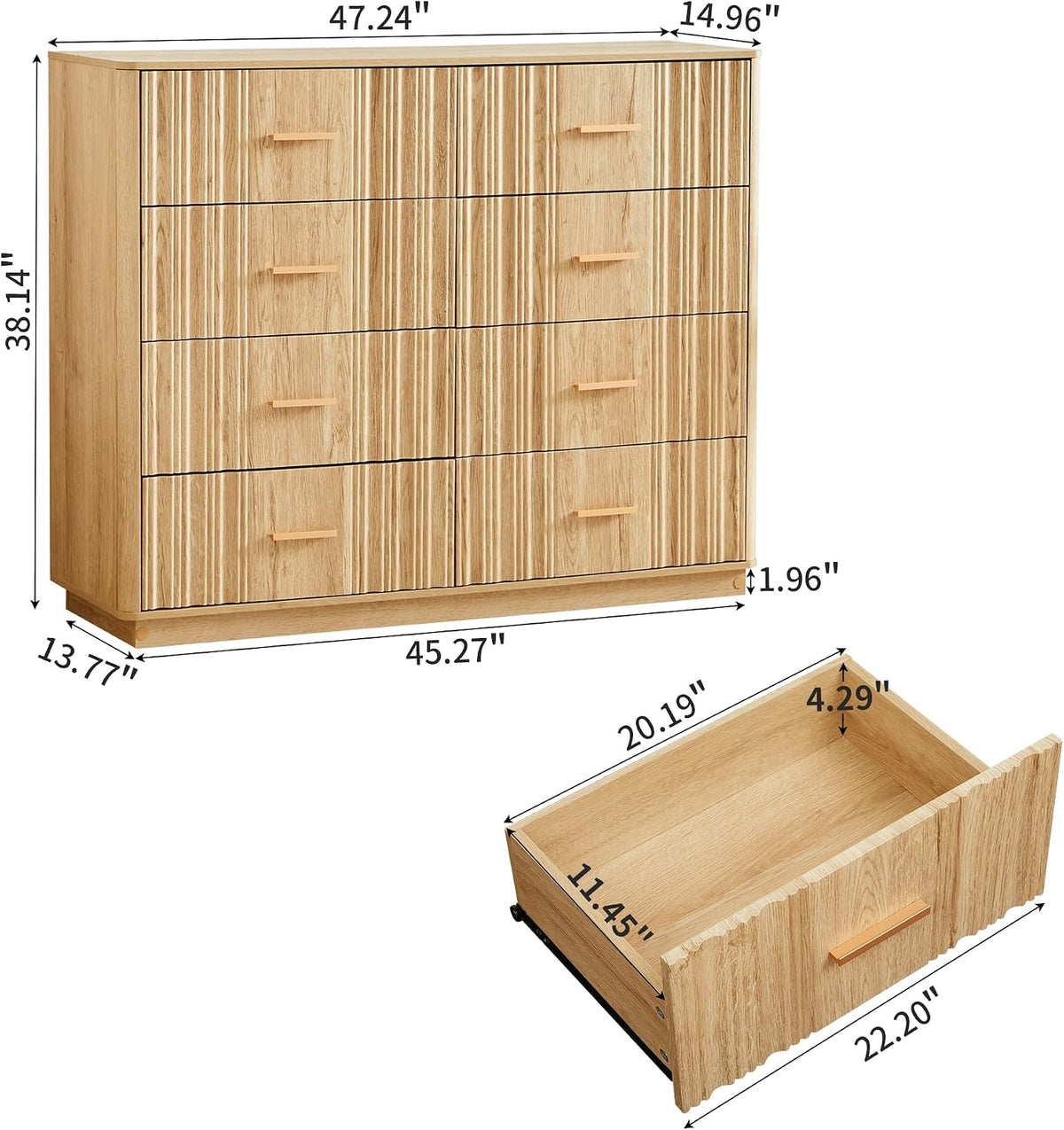 Fluted Dresser for Bedroom with 8 Drawers, 47" Wide Mid Century Modern Chest of Drawers, Wooden Dresser TV Stand, Wood Closet Clothes Storage Organizer for Living Room Hallway, Natural