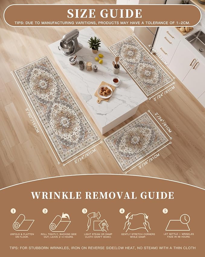 Madane Washable Kitchen Rug Set of 3, Small Area Rug Non-Slip Vintage Entryway
