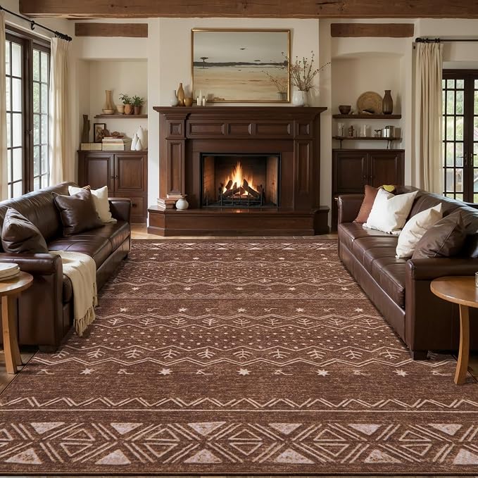 SERISSA 9x12 Area Rugs for Living Room, Washable Non-Slip Coffee Brown Boho Rug
