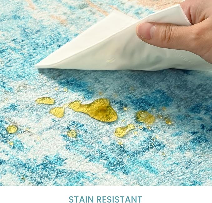 Entryway Rug 3x5 Teal Blue Bedroom Area Rug Washable Non Slip Abstract Boho Rugs