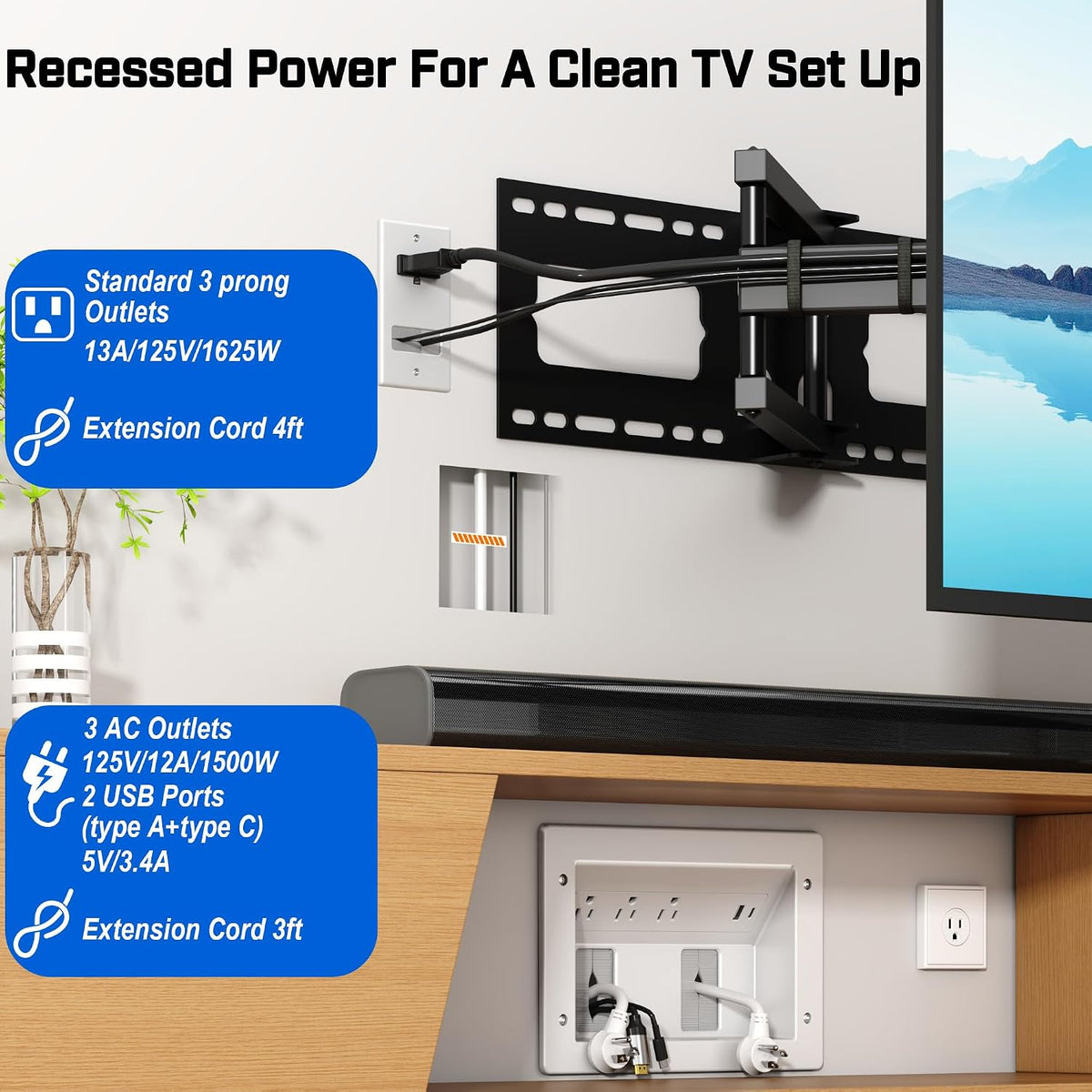 in Wall TV Cable Management Kit with Recessed Outlet – Triple Outlet and USB Ports, 7ft Cord(4ft+3ft), Drywall Cutting Drill Bit and Hand Saw – Easy, Safe TV Wire Hider for Wall