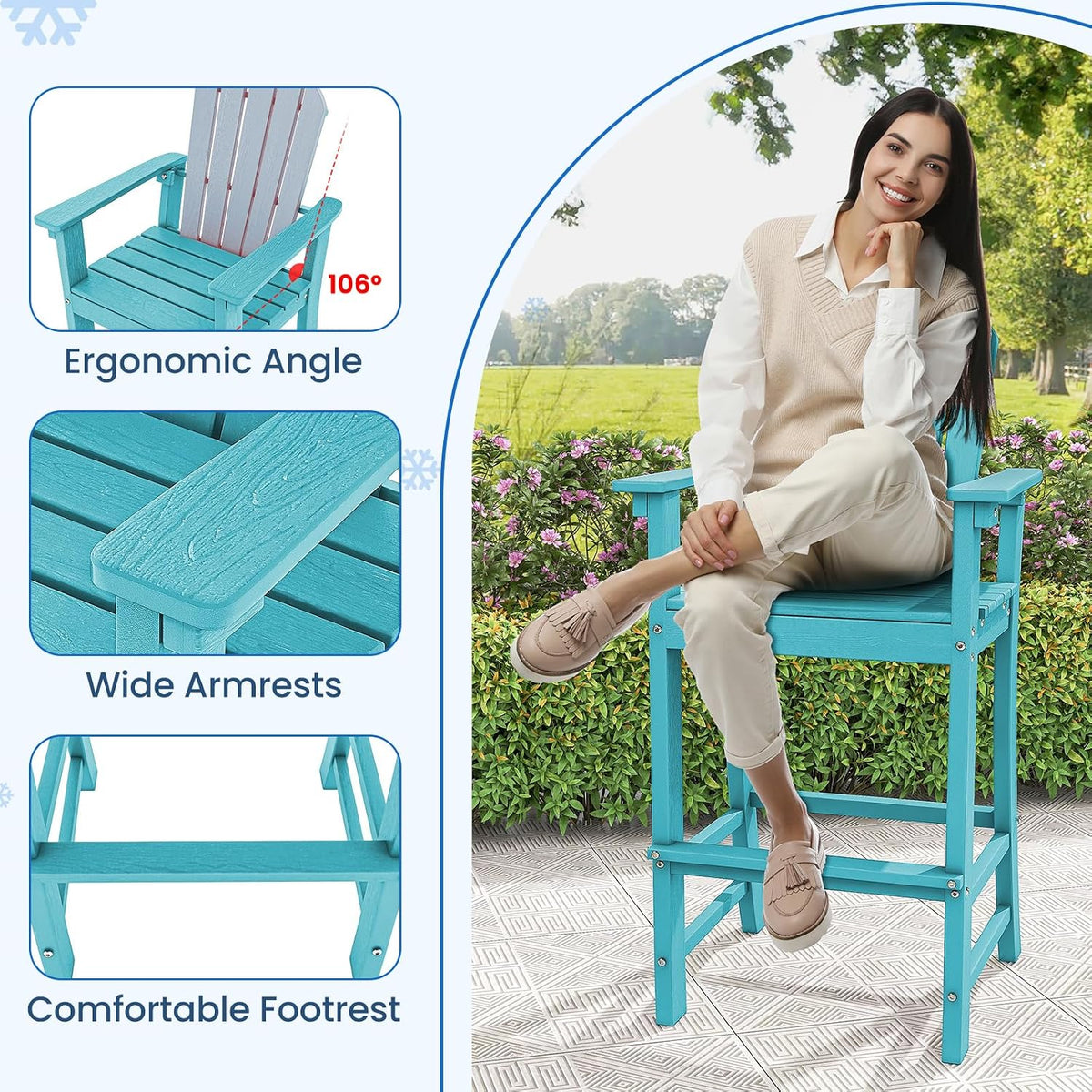 Tangkula Outdoor Tall Adirondack Chair 30 Inches Seat Height, HDPE Bar Height Patio Chair with High Backrest, Armrests and Footrest, Outdoor Bar Stool for Balcony Deck Garden Poolside (1, Turquoise)