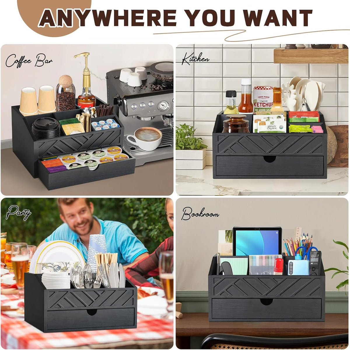 Coffee Bar Organizer with Drawer, Coffee Station Organizer for Countertop, Wood Coffee Bar Accessories Organizer for Coffee Bar Decor, Farmhouse Cup Pod Holder Condiment Organizer(Black)