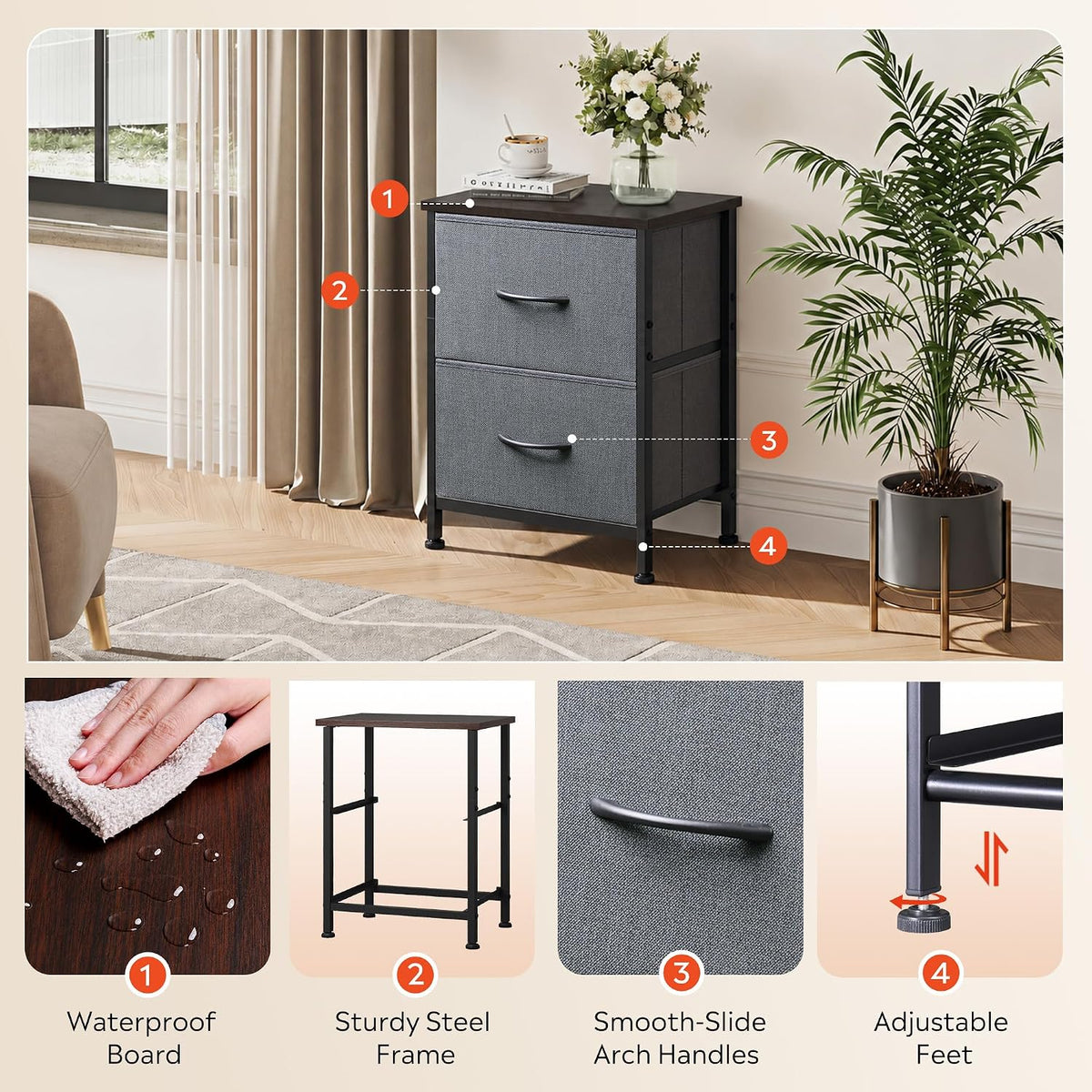 WLIVE Nightstand, 2 Drawer Dresser for Bedroom, Small Dresser with 2 Drawers, Bedside Furniture, Night Stand, End Table with Fabric Bins for Bedroom, Closet, Entryway, College Dorm, Dark Grey