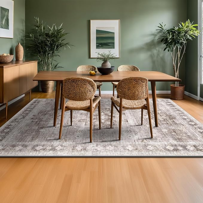 Washable Neutral Farmhouse Living Room Rug, 6x9 Area Rugs