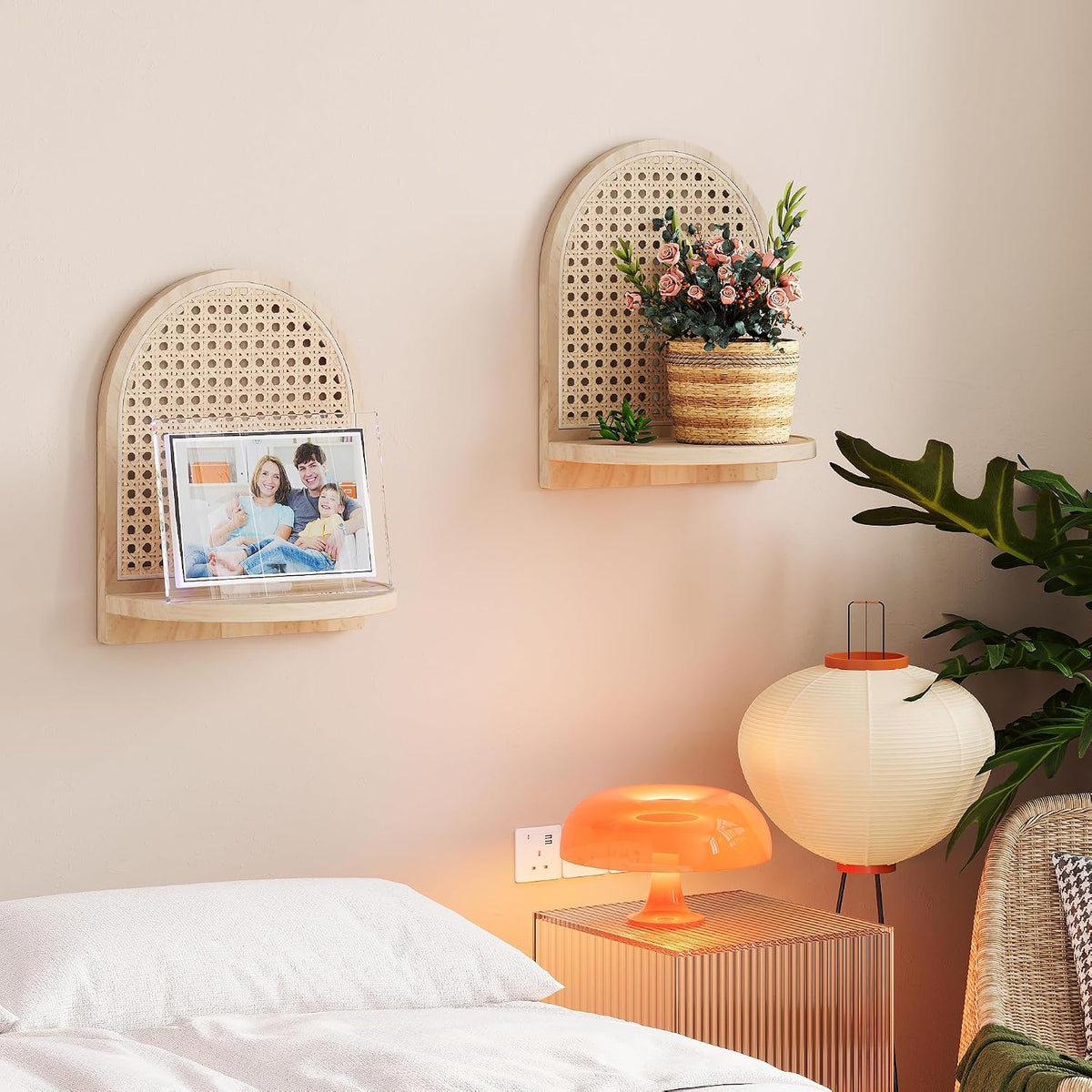 Rattan Shelf Set of 2, 7''Natural Rattan Shelf with Wicker Decor, Boho Wall Decor Small Floating Shelf for Plant Figurines Display, Mini Shelves for Knick Knack Storage
