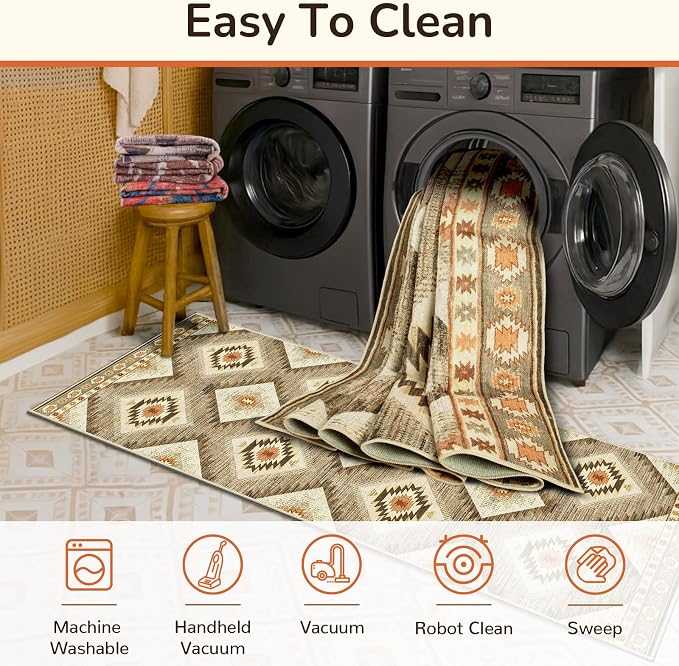 Area Rug 8x10 Rug Machine Washable Non-Slip Low Pile Print Pattern Western Rug