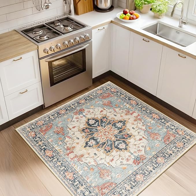 RELEANY Area Rugs Square 4ft Washable Non-Slip, Floral Vintage Distress