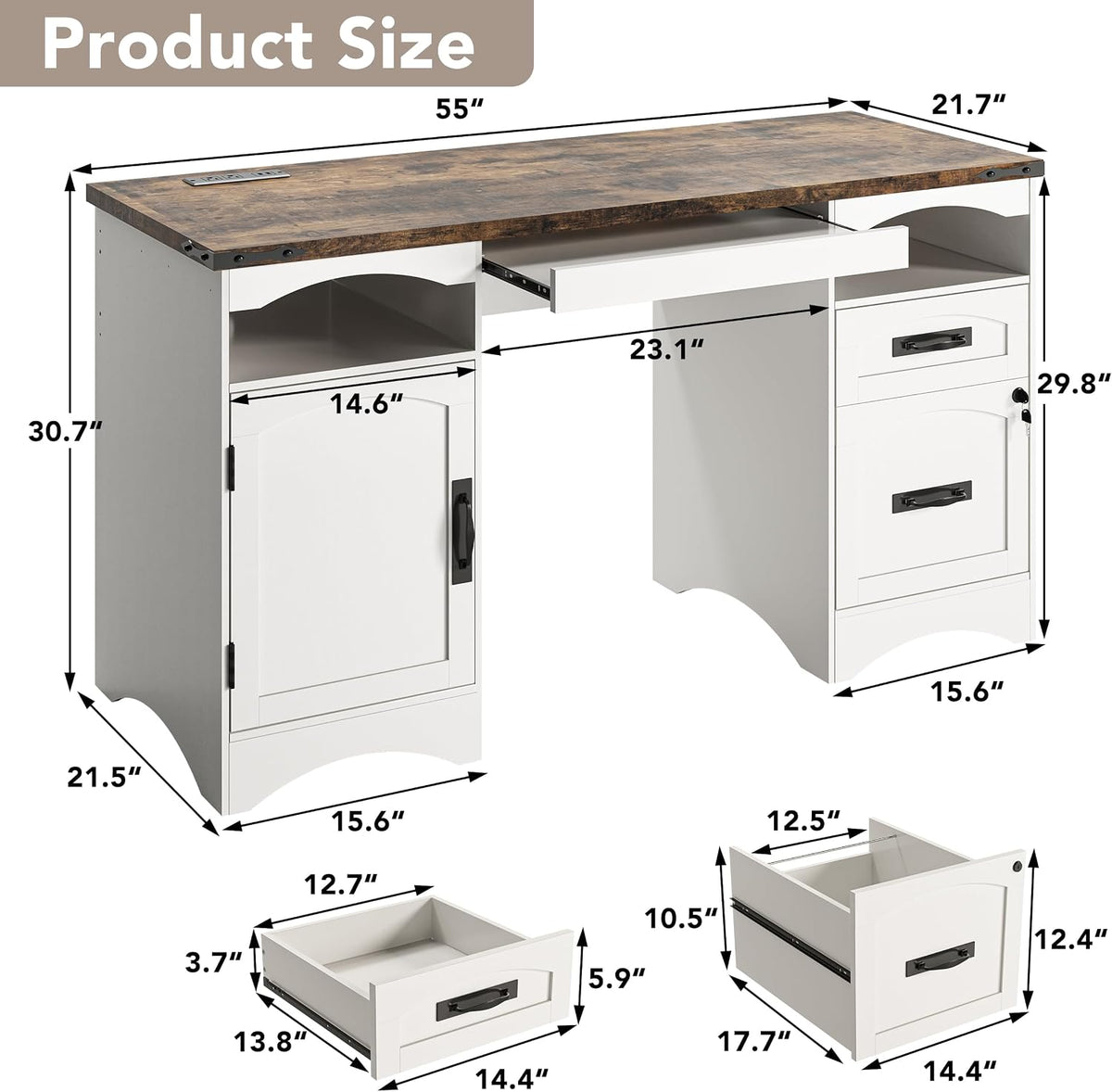 Decofy 55'' Farmhouse Executive Desk with Drawers & Charging Station, White