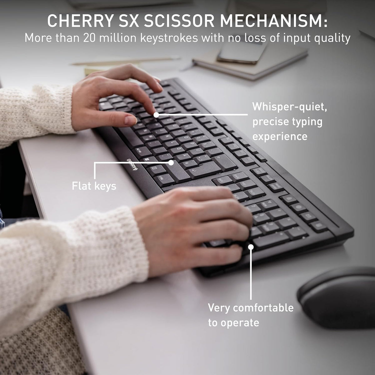 CHERRY Stream Desktop, Wireless Keyboard & Mouse Combo, 2.4 GHz Connection, Quiet Keys, Slim Design, Comfortable Writing, Battery-Powered, QWERTY, White-Gray
