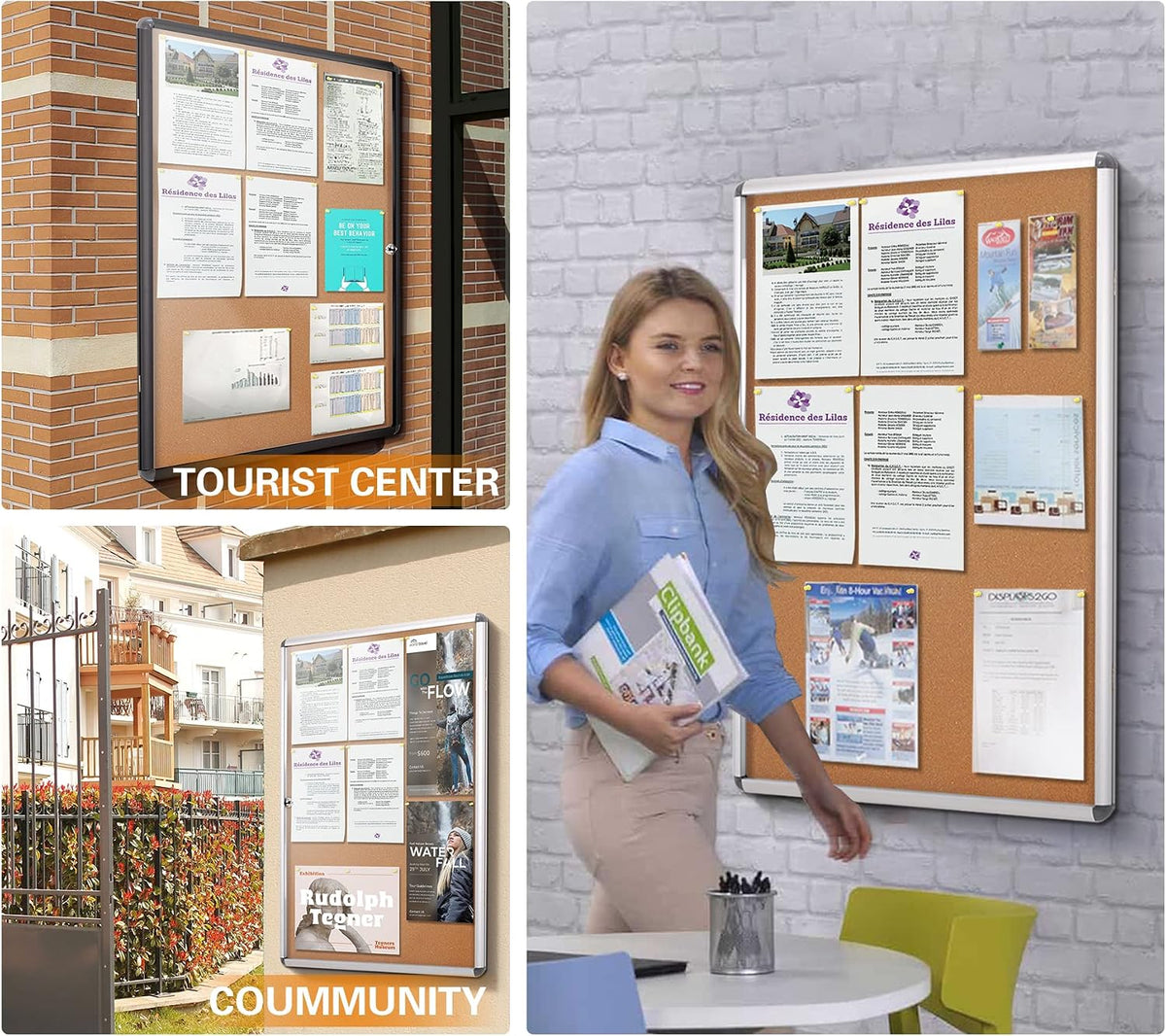 SWANCROWN 20x14 in Enclosed Bulletin Board, Lockable Cork Noticeboard 2xA4