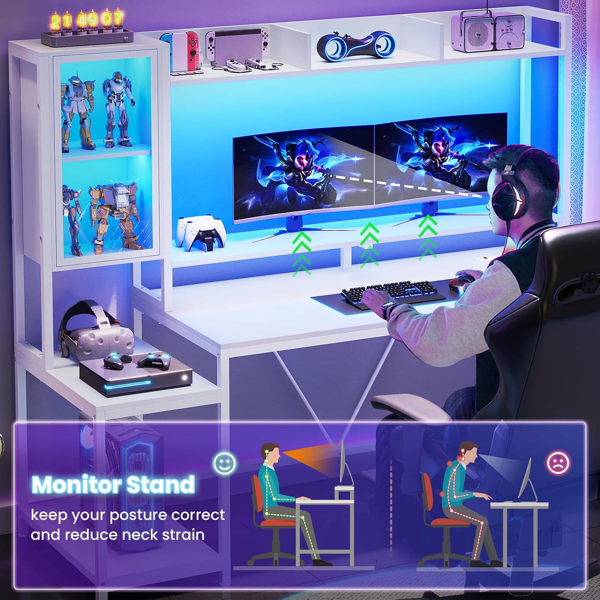 SEDETA 60'' Gaming Desk with Storage, Hutch, Display Cabinet and LED Lights