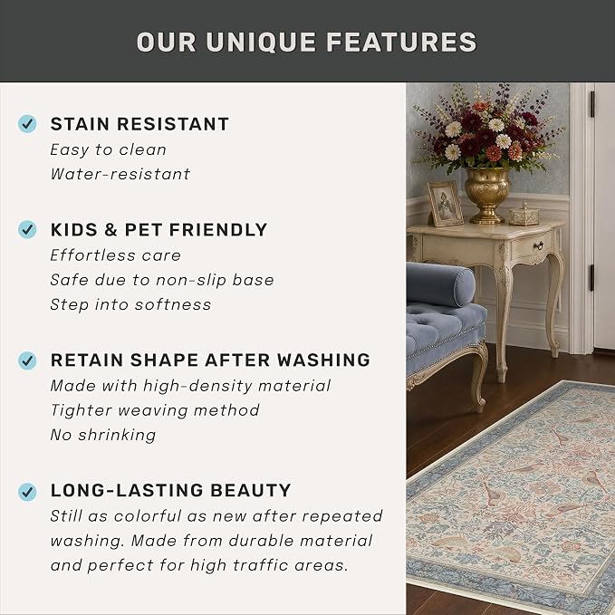 Soft Red and Blue 8x10 Living Room Rug, Oriental Non-Slip Area Rug