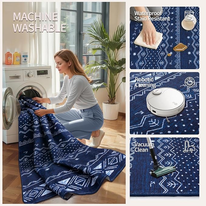 SERISSA 9x12 Area Rugs for Living Room, Washable Non-Slip Blue and White Boho