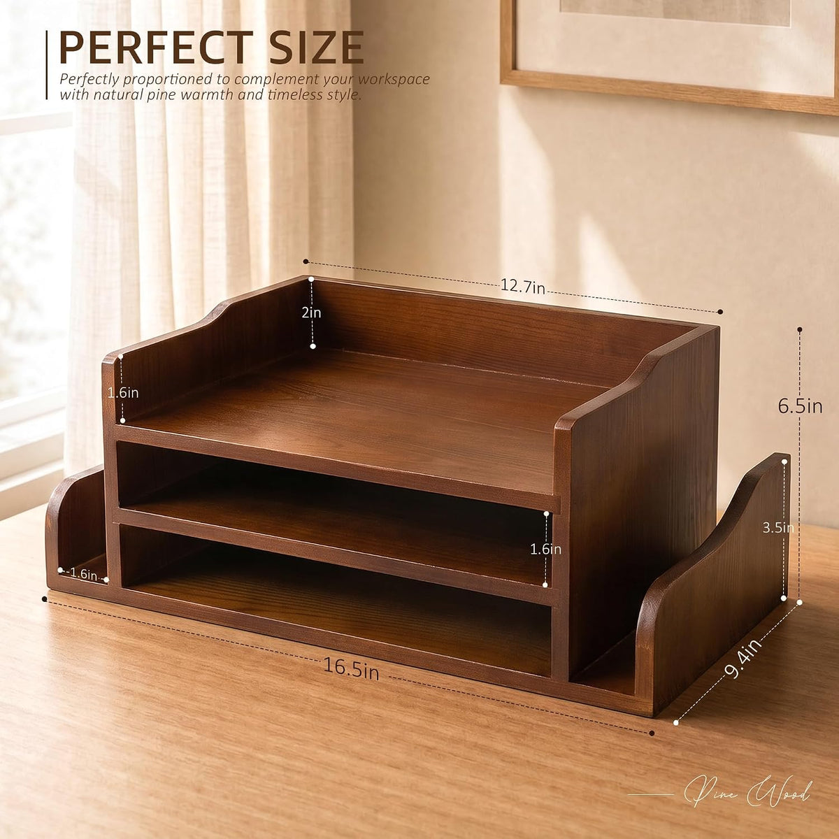 Wood Desk Organizer: File Organizer with 3-Tier Shelf and Side Slots, Brown