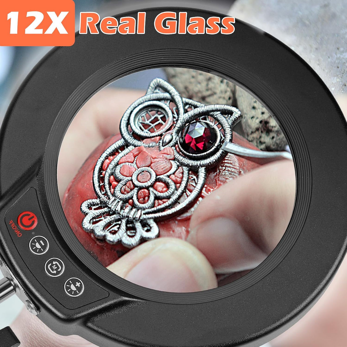12X Magnifying Glass with Light and Stand, Real Glass Lens Magnifying Desk Lamp, Lighted Magnifier with Light Stepless Dimming Hands Free for Craft, Reading, Painting, Sewing, Solder