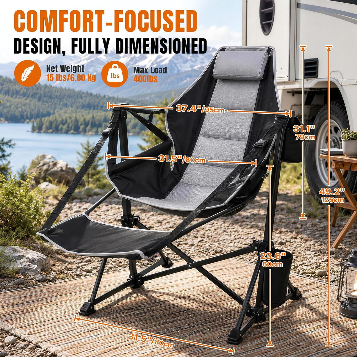 HOPERAN Hammock Camping Chair with Footrest 400lb Swing Chair, Black 2 Pack