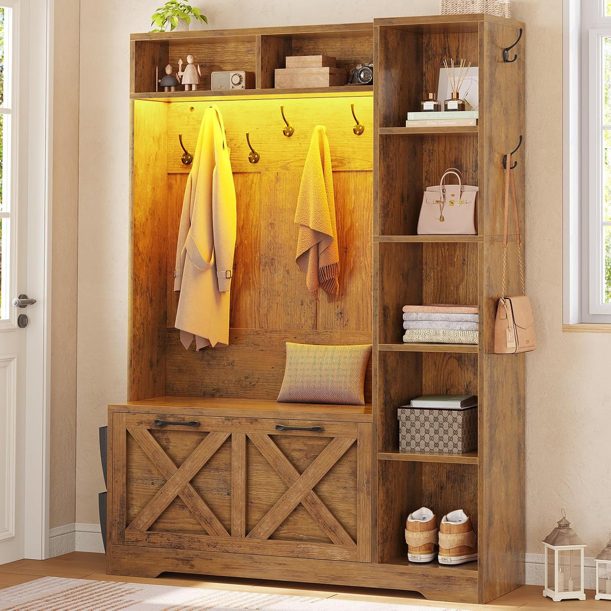 Itaar Hall Tree with Bench and Shoe Storage, Farmhouse Entryway Bench with Coat Rack, Shoe Cabinet with Flip Drawers, 7 Shelves, 10 Coat Hooks, Storage Bag, Led Lights, Rustic Brown