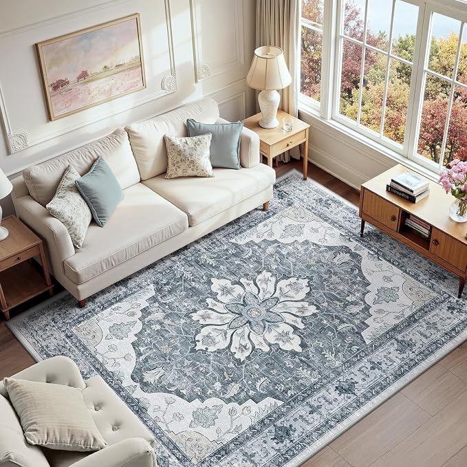 RELEANY Area Rugs 6'x9' Washable Non-Slip, Floral Vintage Distress Medallion
