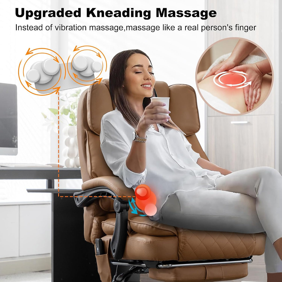 Kneading Massage Executive Office Chair with Heated,90-135° Reclining Office Chair with Footrest,Computer Desk Chair with Wheels,Diamond-Stitched Cushion Leather Office Chair (Brown)