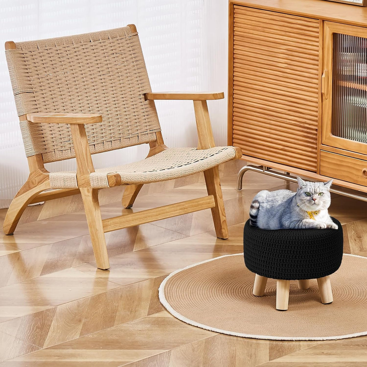 Wimarsbon Small Ottomans, 100% Hand Knitted Pouf Ottoman, Round Footrest with 4 Non-Skid Wood Legs, Boho Décor Cotton Rope Pouffe, Leisure Floor Step Chair for Living Room (Black)