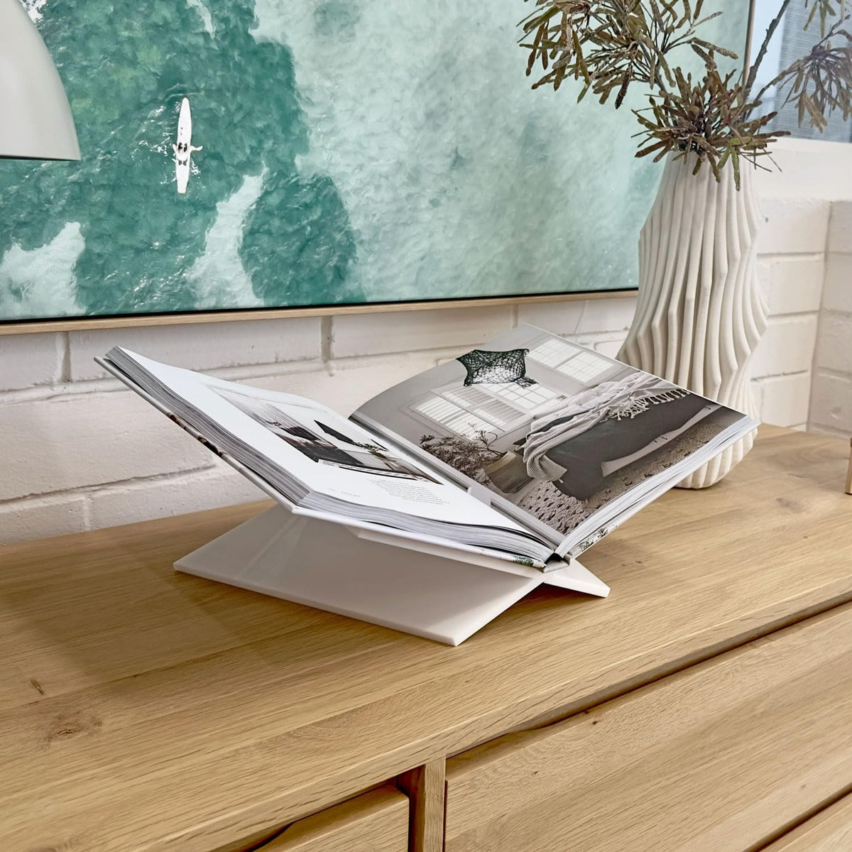Large White Acrylic Book Stand, 12.5" x 9.5" x 5.5”, Acrylic Book Holder, Open Bookstand for Display and Reading Cookbooks, Art Books, Bibles, Magazines - Home and Office