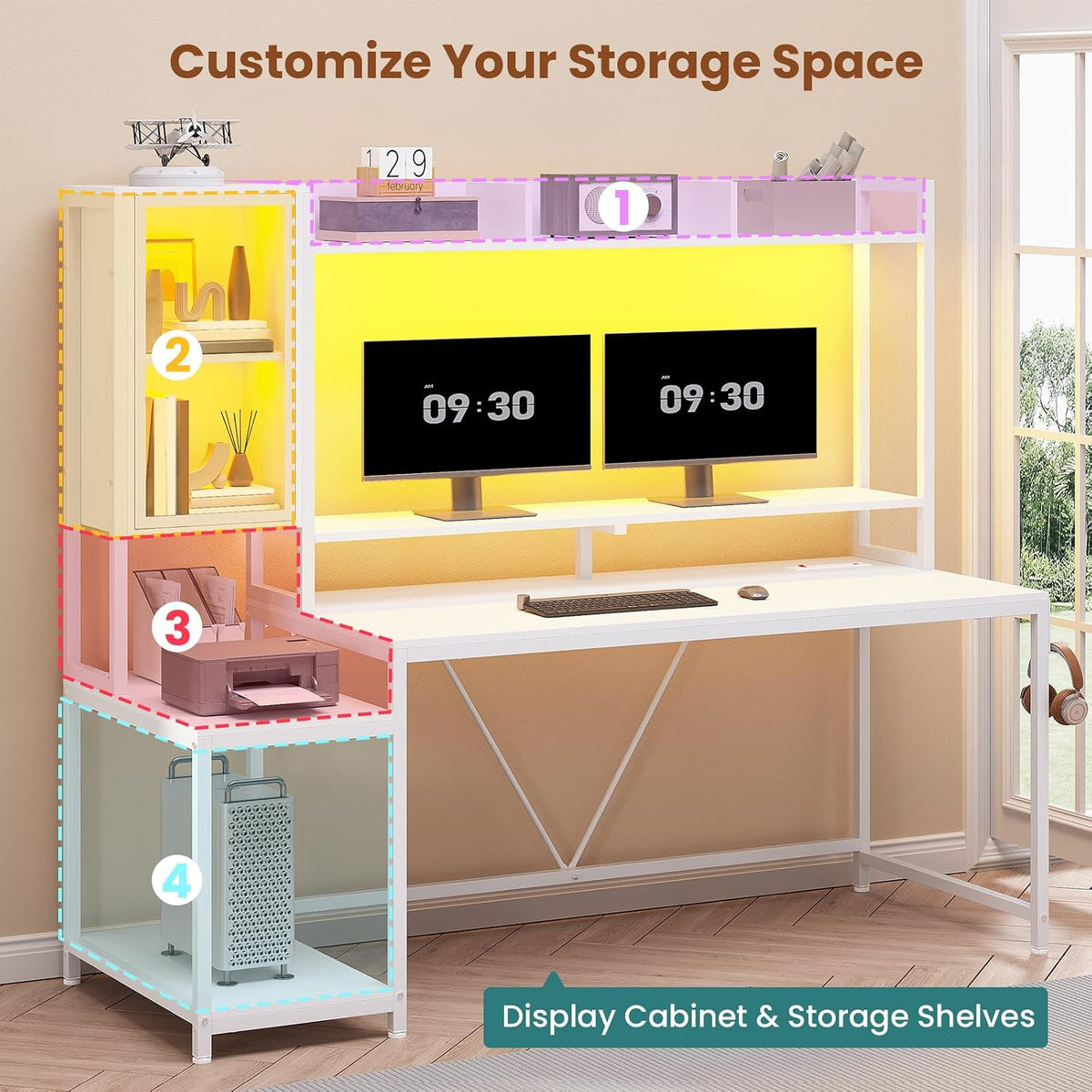 SEDETA 60'' Gaming Desk with Storage, Hutch, Display Cabinet and LED Lights