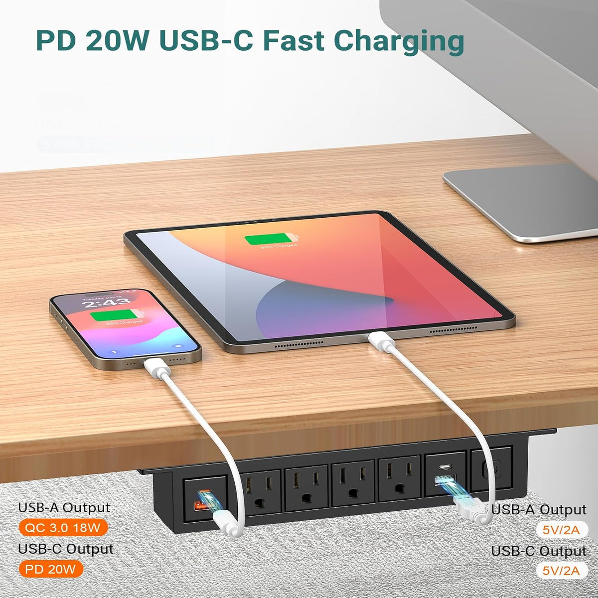 Under Desk Power Strip with 20W USB C, QBA 8-in-1 Desk Outlet Station, 4 AC Outlets, 2 USB-C, 2 USB-A, 6FT Cable, Desk Mount Power Strip for Home Office Conference, ETL Listed(Black)