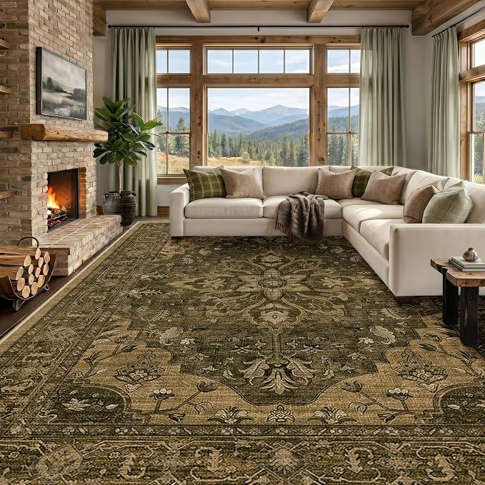 RELEANY Area Rugs Large 9'x12' Washable Non-Slip, Floral Vintage Distress