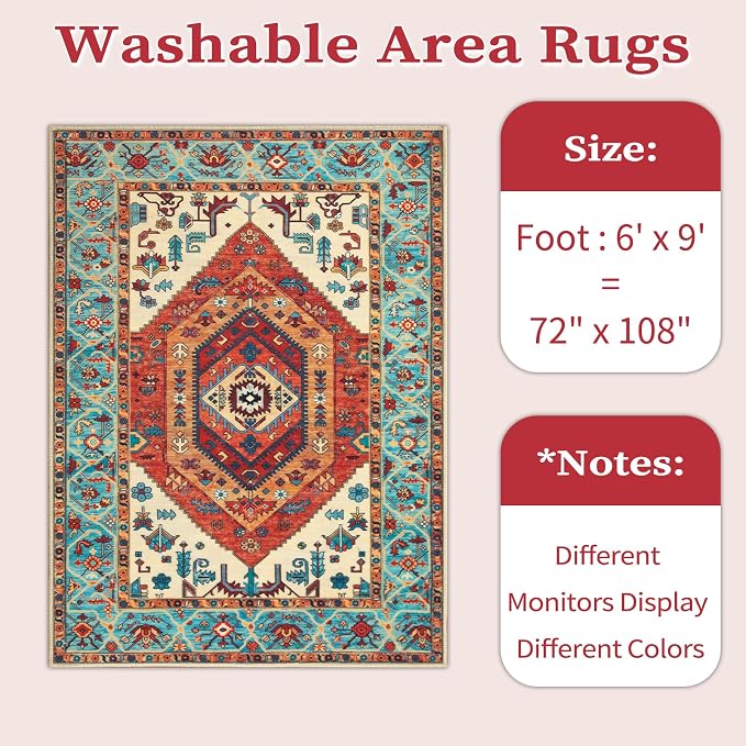 SERISSA Washable Rugs 6x9 Boho Area Rugs, Large Non-Slip Living Room Rug