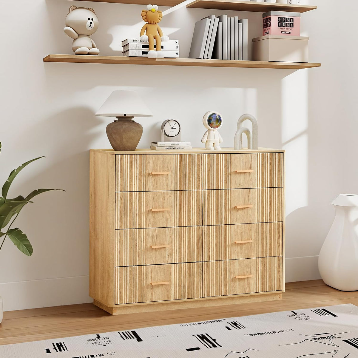 Fluted Dresser for Bedroom with 8 Drawers, 47" Wide Mid Century Modern Chest of Drawers, Wooden Dresser TV Stand, Wood Closet Clothes Storage Organizer for Living Room Hallway, Natural