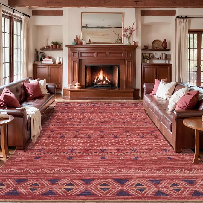 SERISSA 9x12 Area Rugs for Living Room, Washable Non-Slip Red 0chre Boho Rug