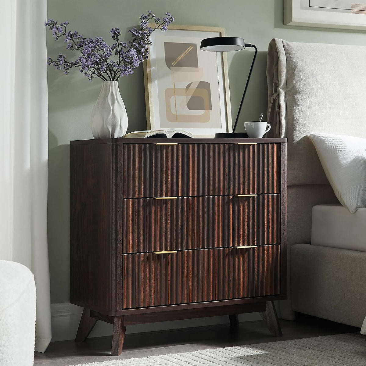 T4TREAM 32" Fluted 3 Drawer Dresser for Bedroom, Dark Walnut