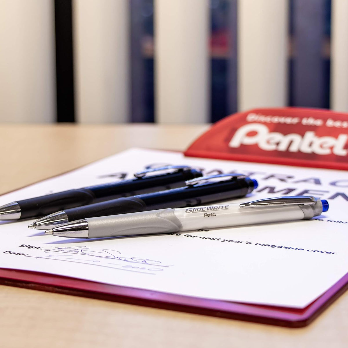 Pentel Glidewrite Signature Ballpoint Pen, Pearl White Barrel, (1.0mm) Medium Line, Blue Ink, 12 Pens (BX930W-C)