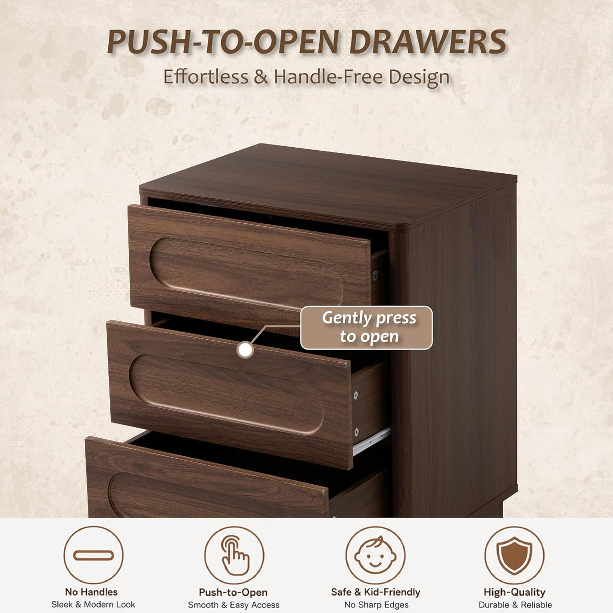 Aoikax Modern 3 Drawer Nightstand X 2P with Push-to-Open Drawers, Mid-Century Bedside Table with Raised Base for Bedroom, Oval Groove Panel Front, Dark Walnut Color